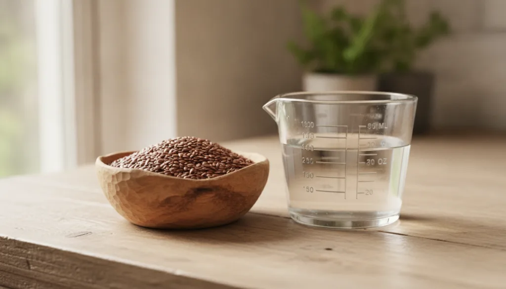 Ingredients for making flaxseed gel whole flaxseeds in a bowl and a measuring cup of water on a rustic kitchen counter