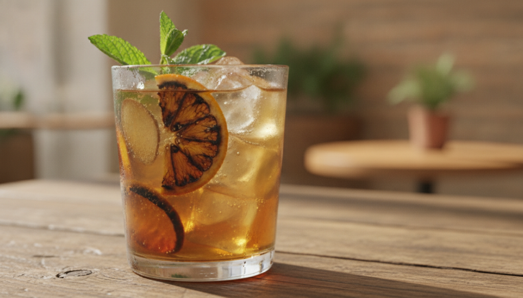 A glass of charred orange and ginger drink with ice garnished with mint on a wooden table with blurred background