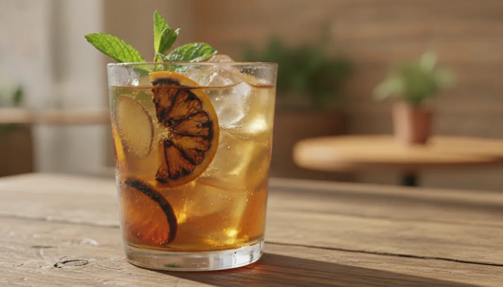 A glass of charred orange and ginger drink with ice garnished with mint on a wooden table with blurred background