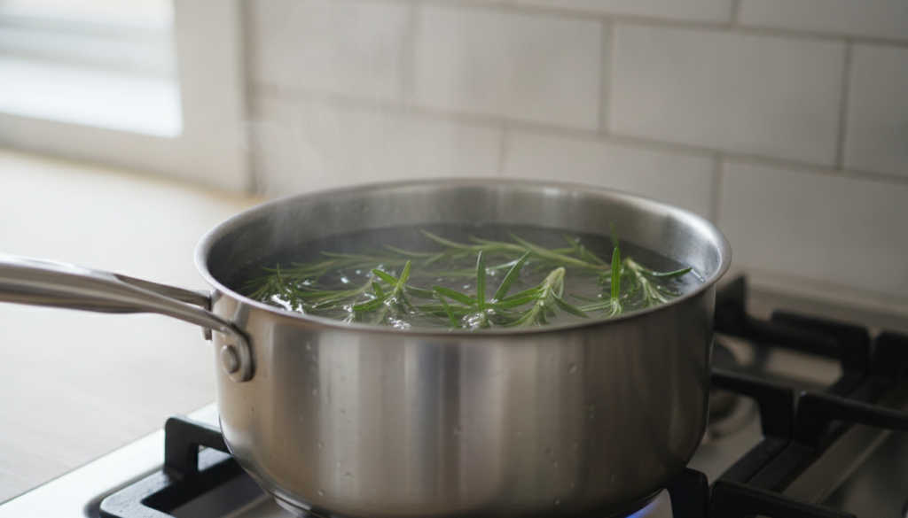 Close-up of fresh rosemary sprigs simmering in a pot of water on a stove releasing its essence for a hair toner