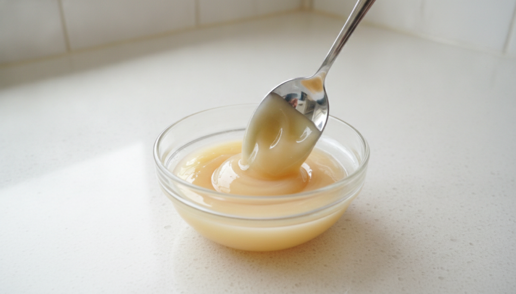 Close-up of a small bowl with honey baby oil and petroleum jelly being mixed into a smooth paste with a spoon
