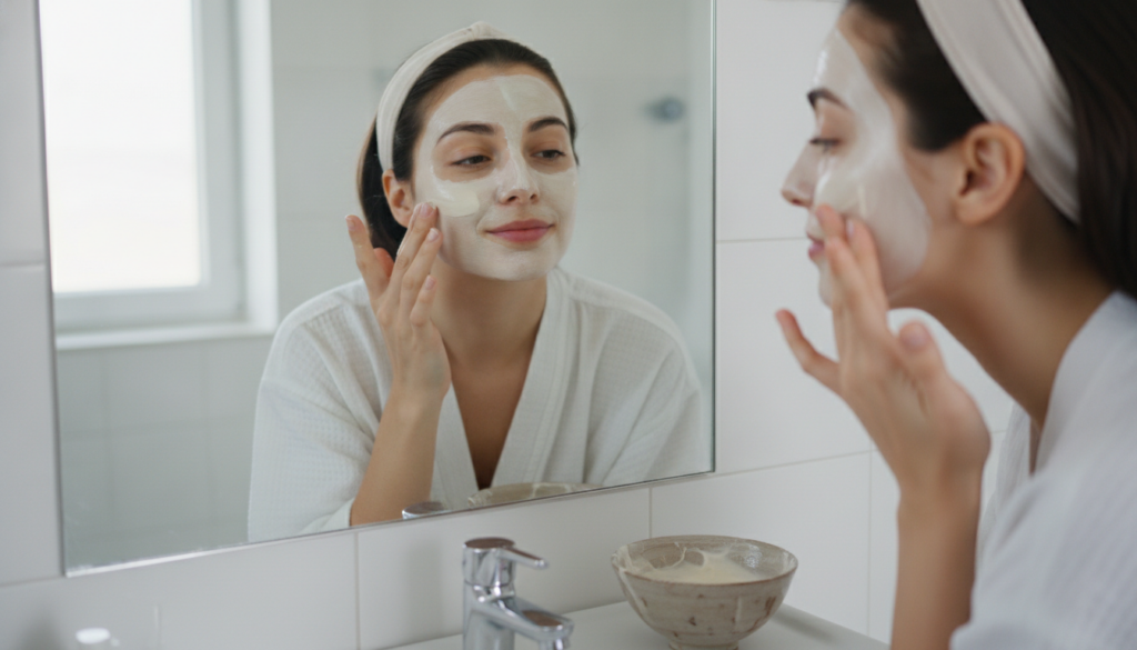 A woman gently applying a homemade face mask to her clean face in a brightly lit bathroom looking refreshed and calm
