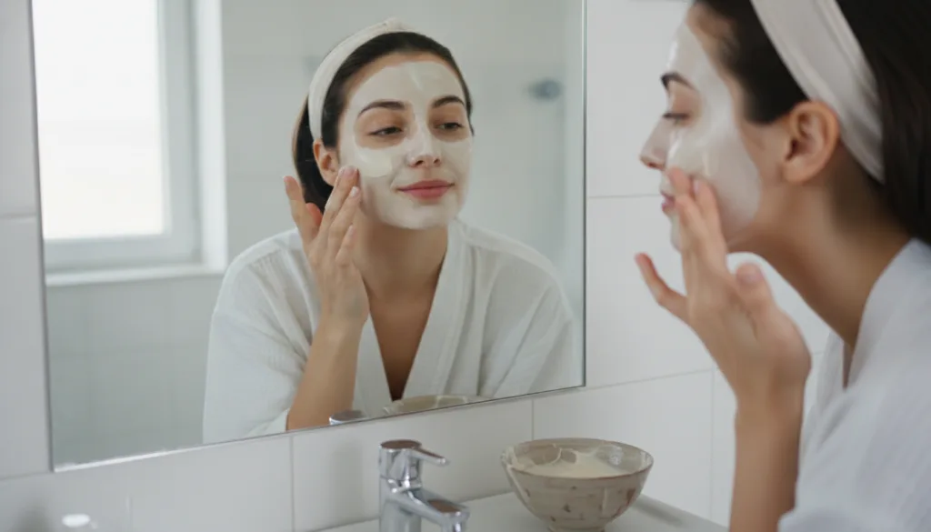 A woman gently applying a homemade face mask to her clean face in a brightly lit bathroom looking refreshed and calm