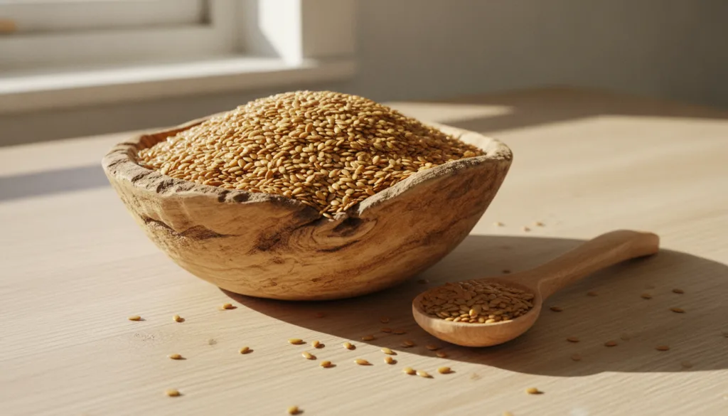 Close-up shot of golden flaxseeds in a wooden bowl with a spoon highlighting their natural beauty and readiness for use 