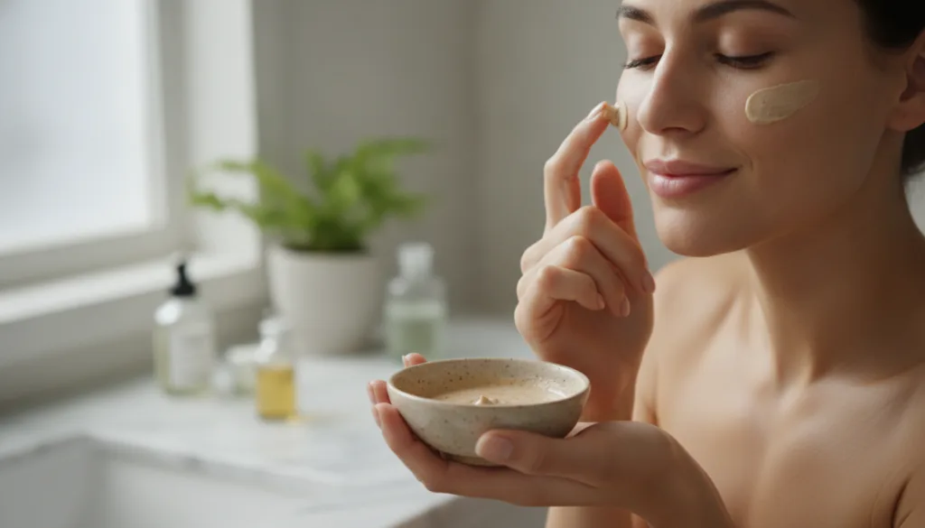 A woman applying a small amount of a DIY beauty blend to her face with a gentle touch