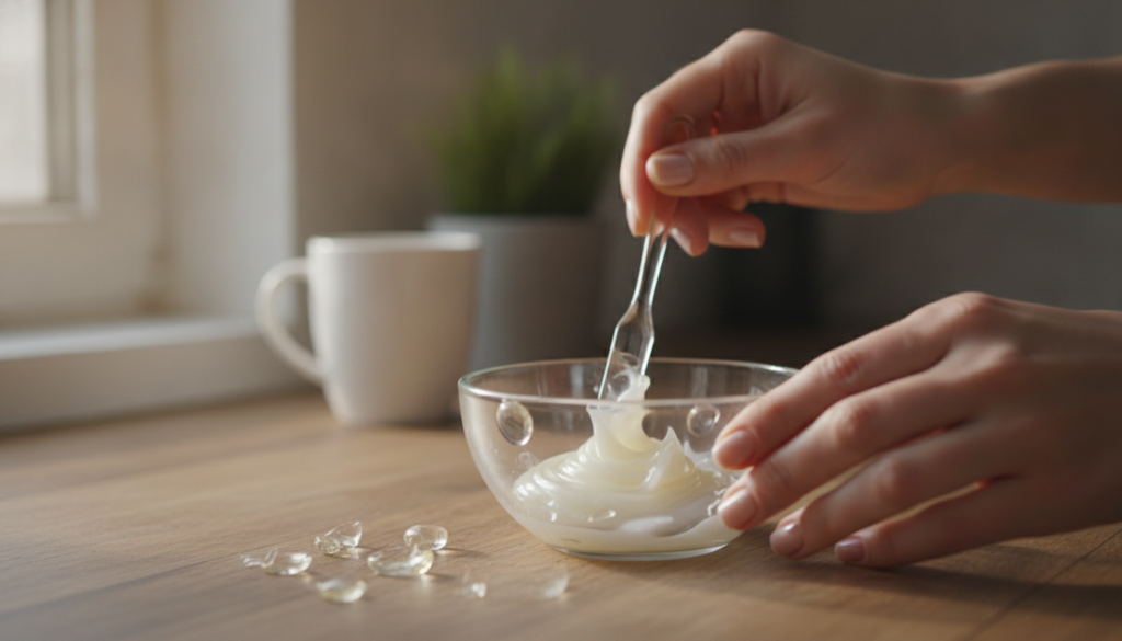Close-up of hands mixing Vaseline with liquid from beauty capsules in a small bowl