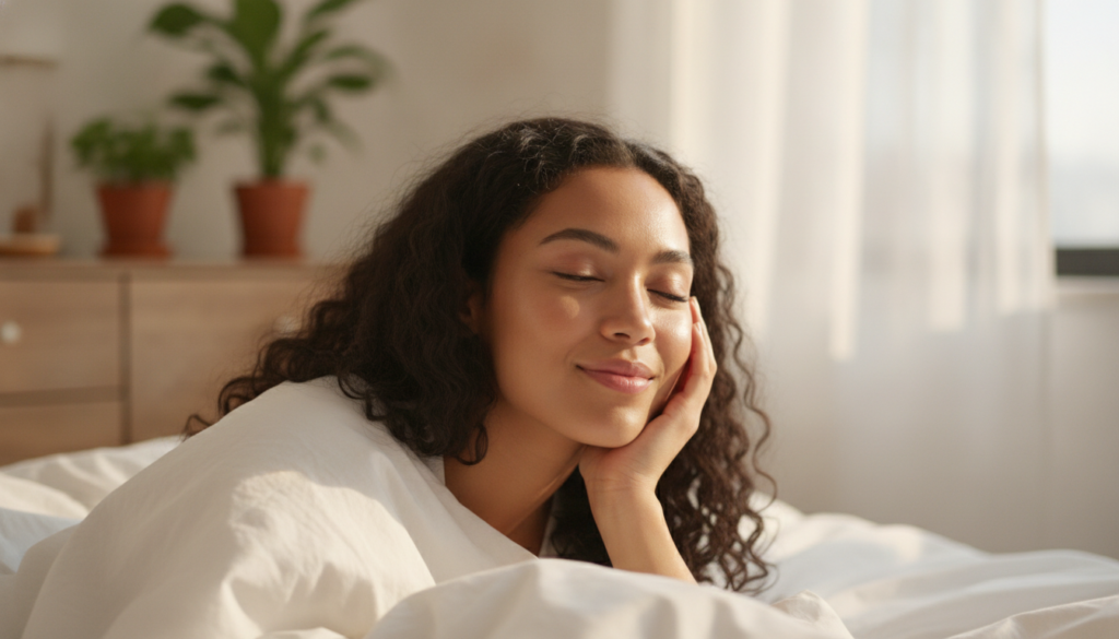 A woman waking up with glowing smooth skin gently touching her face