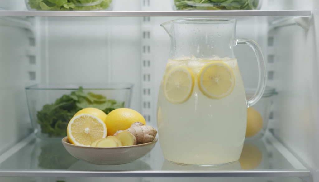 Several glasses of lemon ginger drink stored in a refrigerator with fresh ingredients visible in a glass jar