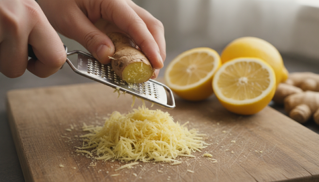 Close-up of fresh ginger root being grated over a cutting board with lemon halves nearby