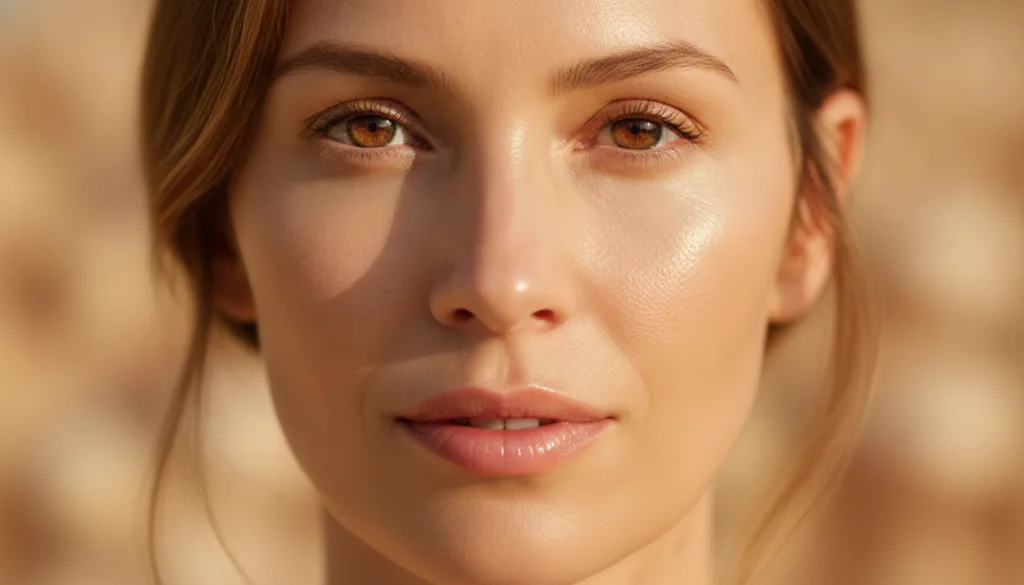 Close-up of a woman s face showing glowing radiant skin with a soft focus background