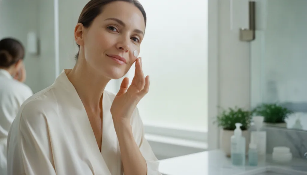 A woman gently applying a small amount of the freshly mixed clove-infused face cream to her cheek