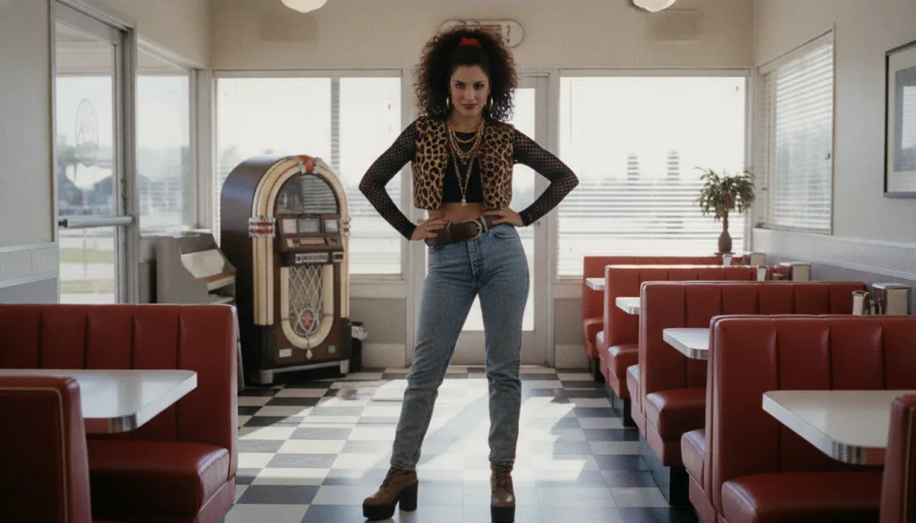 A still from the 1992 film My Cousin Vinny featuring Marisa Tomei as Mona Lisa Vito looking confident and sassy in a 90s