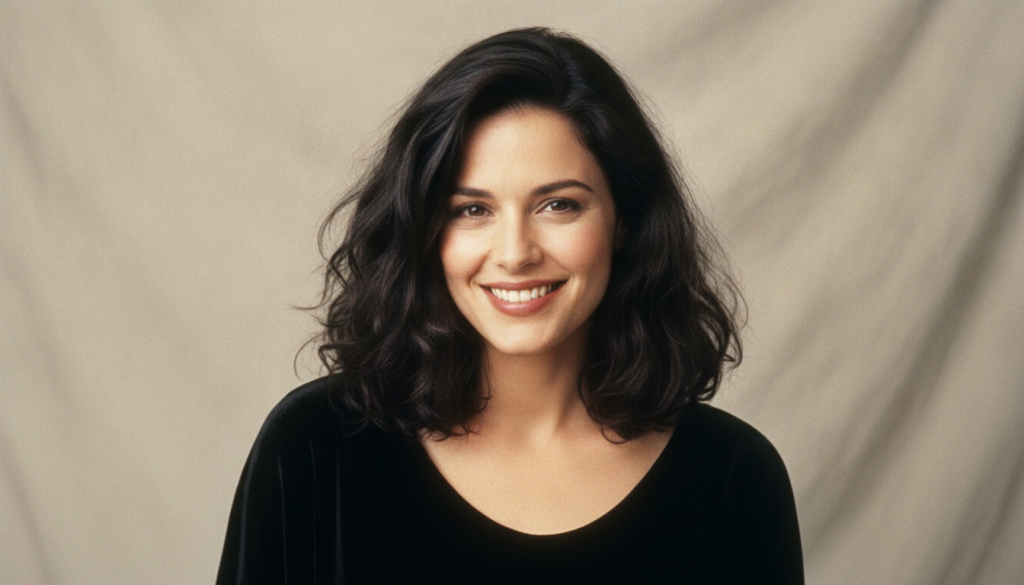 A 90s-era publicity photo of Marisa Tomei showcasing her natural beauty and confident demeanor She has dark wavy hair an