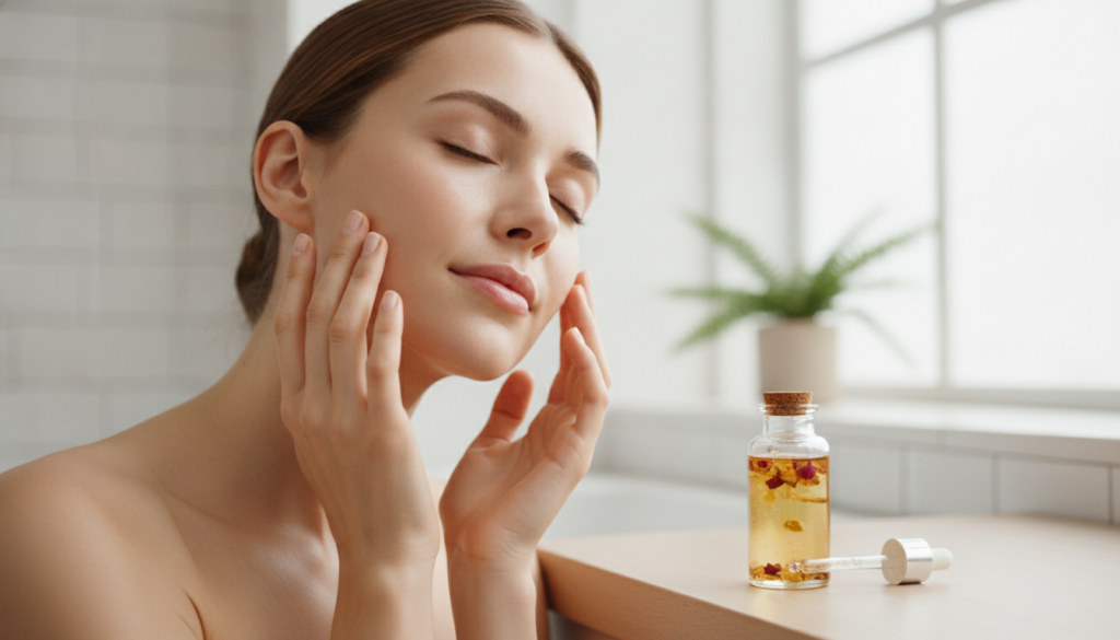 A woman gently applying a few drops of homemade oil to her face massaging it in with a soft content expression with a bo