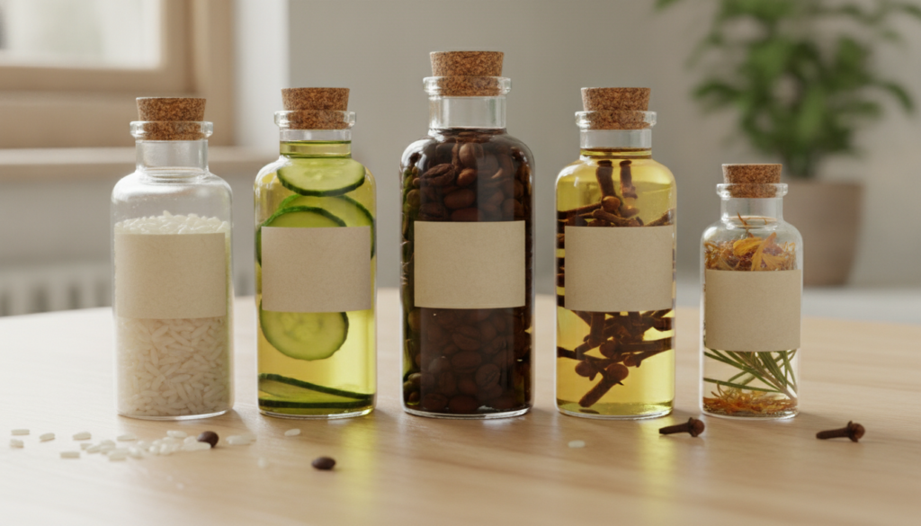 Close-up of glass bottles or jars with natural ingredients like rice cucumber slices coffee beans and cloves submerged i