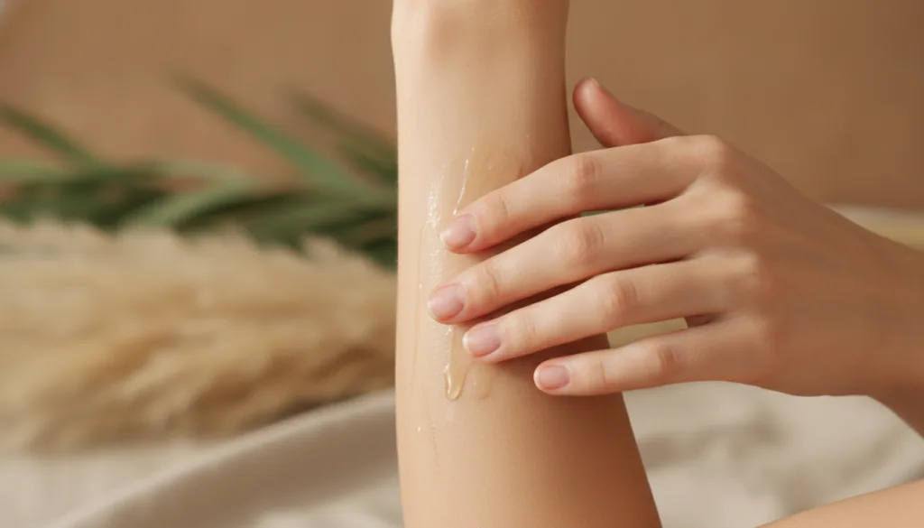 A woman gently massaging the infused oil onto her arm showcasing smooth and hydrated skin with a soft glow