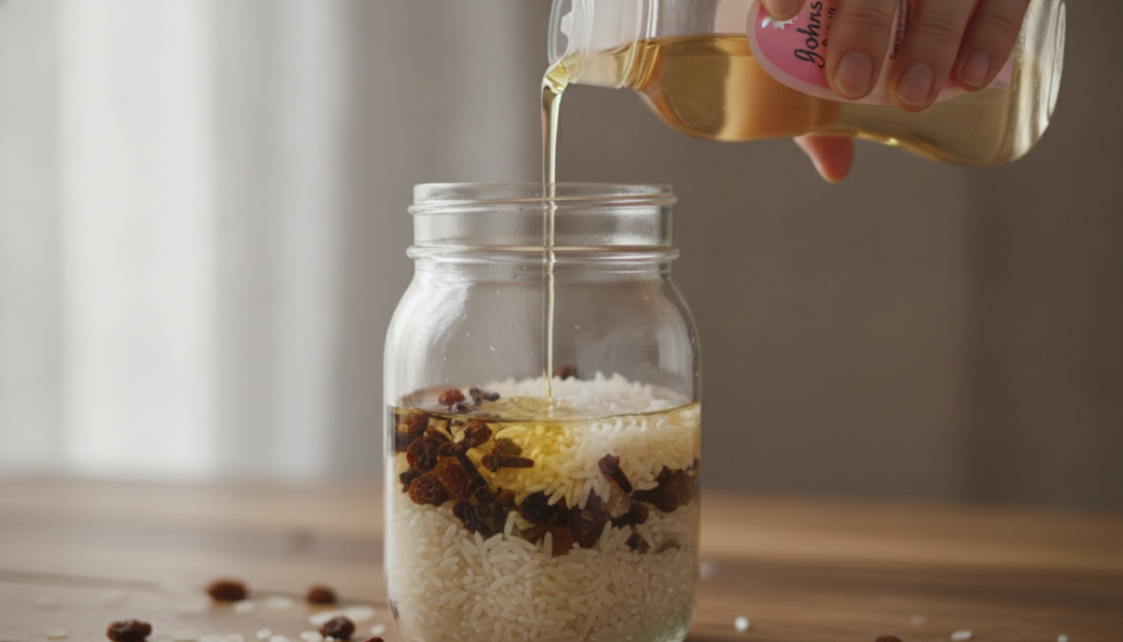 A close-up of a hand pouring Johnson s Baby Oil into a glass bottle already containing white rice grains cloves and rais