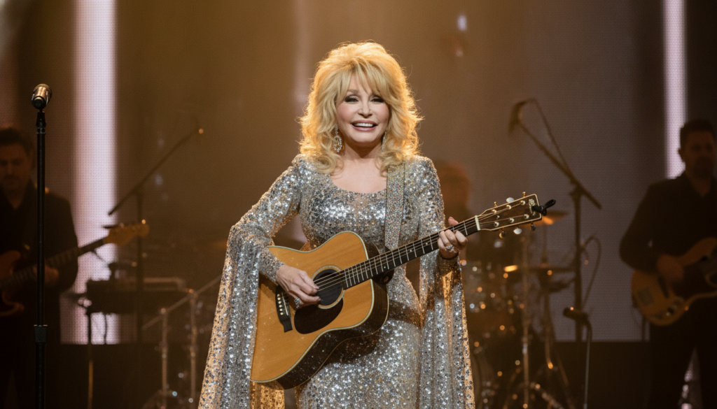 Dolly Parton performing on stage dressed in a sparkling elaborate gown playing a guitar and smiling at the audience
