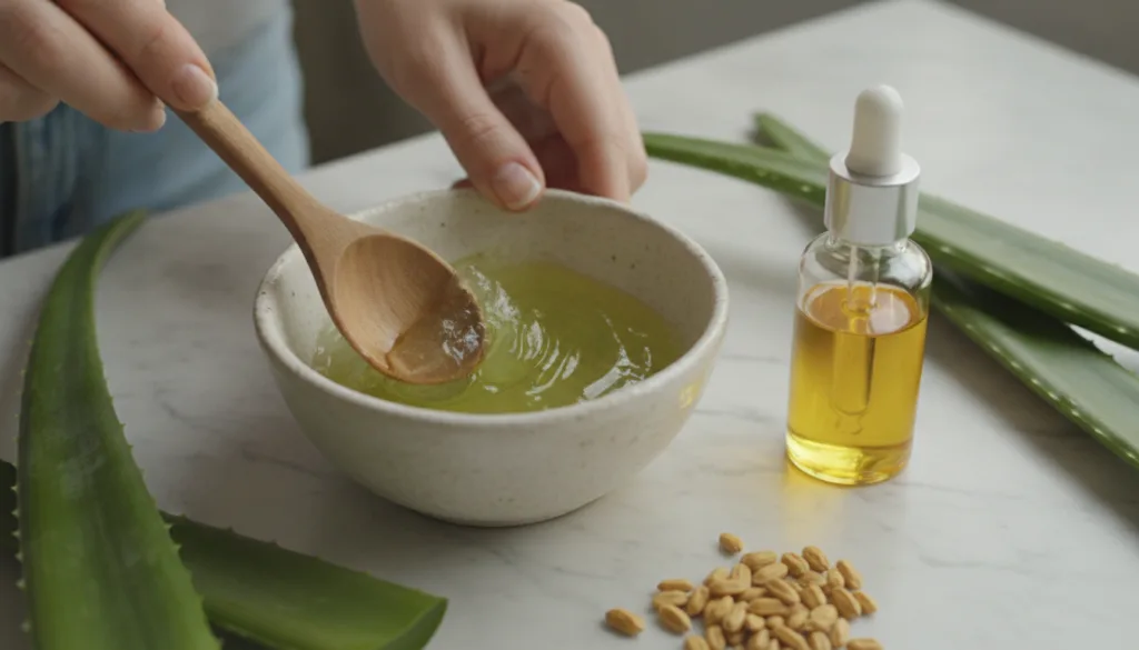 Hands mixing aloe vera gel and jojoba oil in a small bowl with a dropper bottle nearby