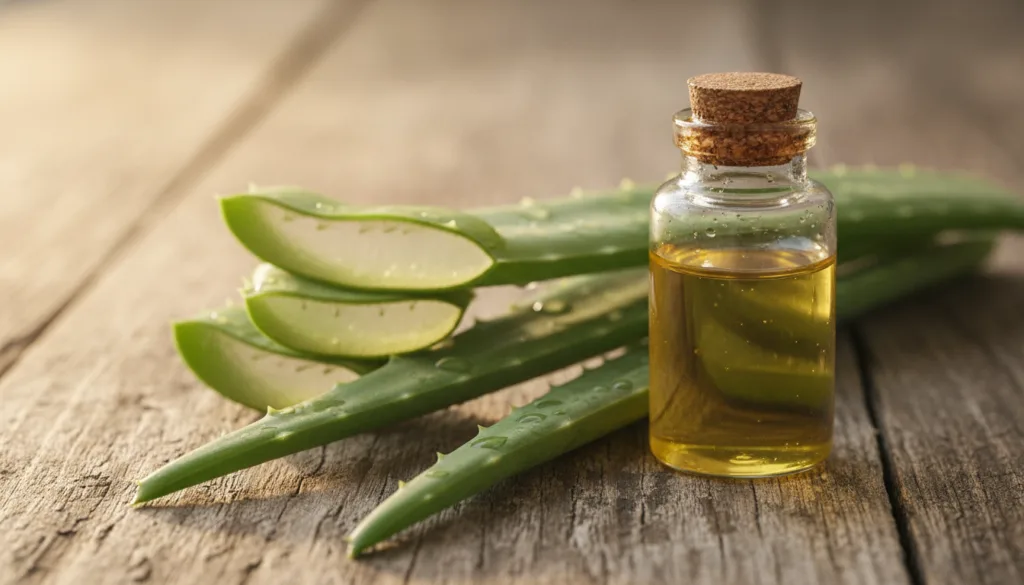 Fresh aloe vera leaves and a small bottle of golden jojoba oil showcasing natural ingredients