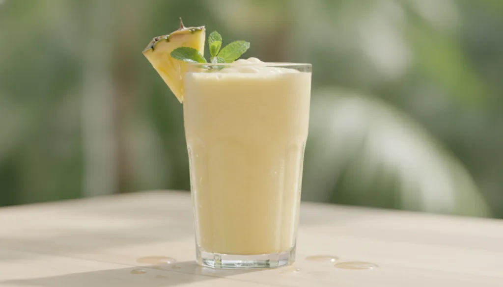 A vibrant perfectly blended pineapple smoothie in a tall glass garnished with a small pineapple wedge and a mint leaf Th