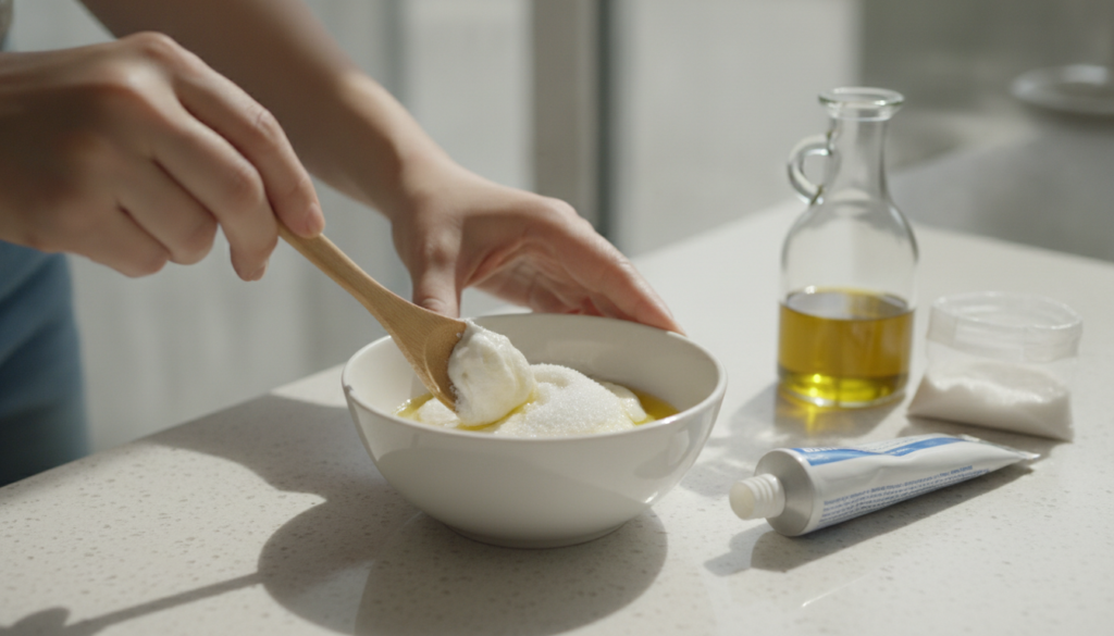 Hands mixing toothpaste sugar and olive oil in a small bowl to create a paste for a DIY foot scrub