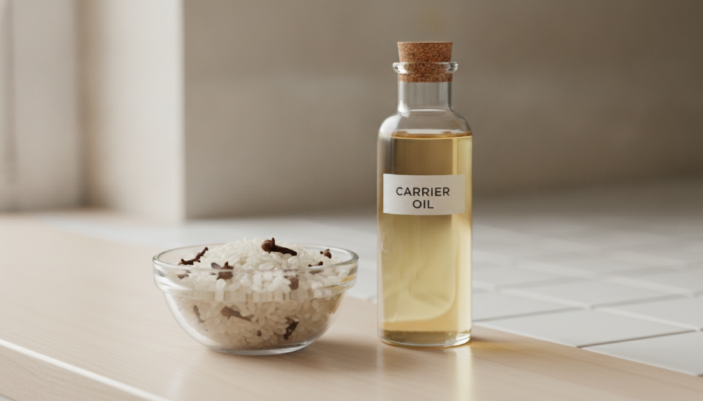 A small glass bowl with dried rice grains and whole cloves next to a bottle of carrier oil on a light background ready f