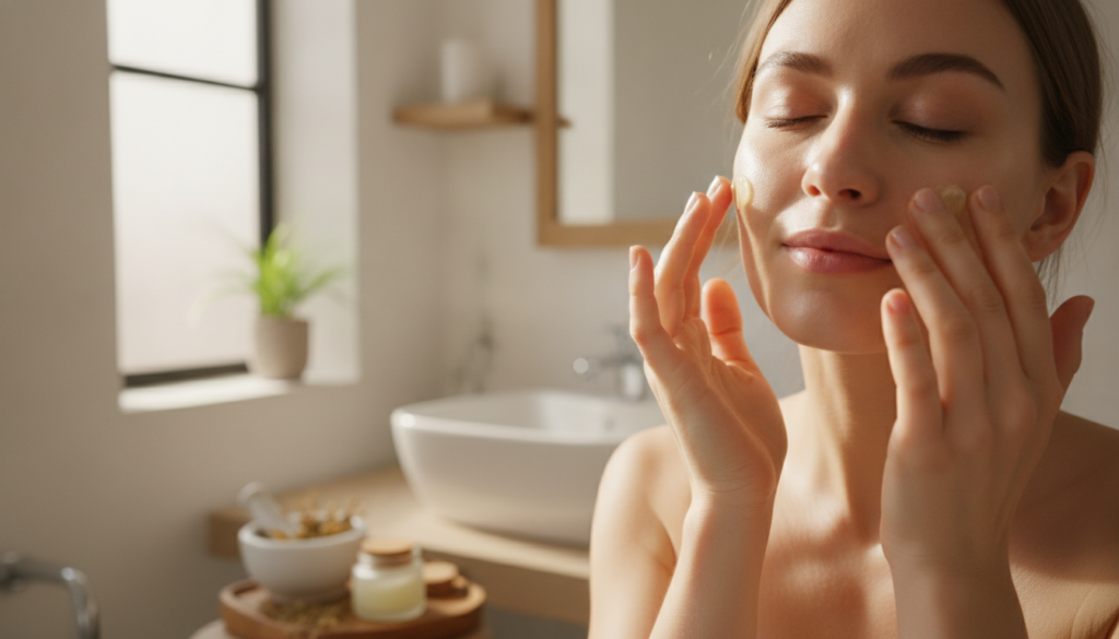 A woman gently massaging a small amount of the homemade balm onto her cheek with a soft natural glow to her skin in a br