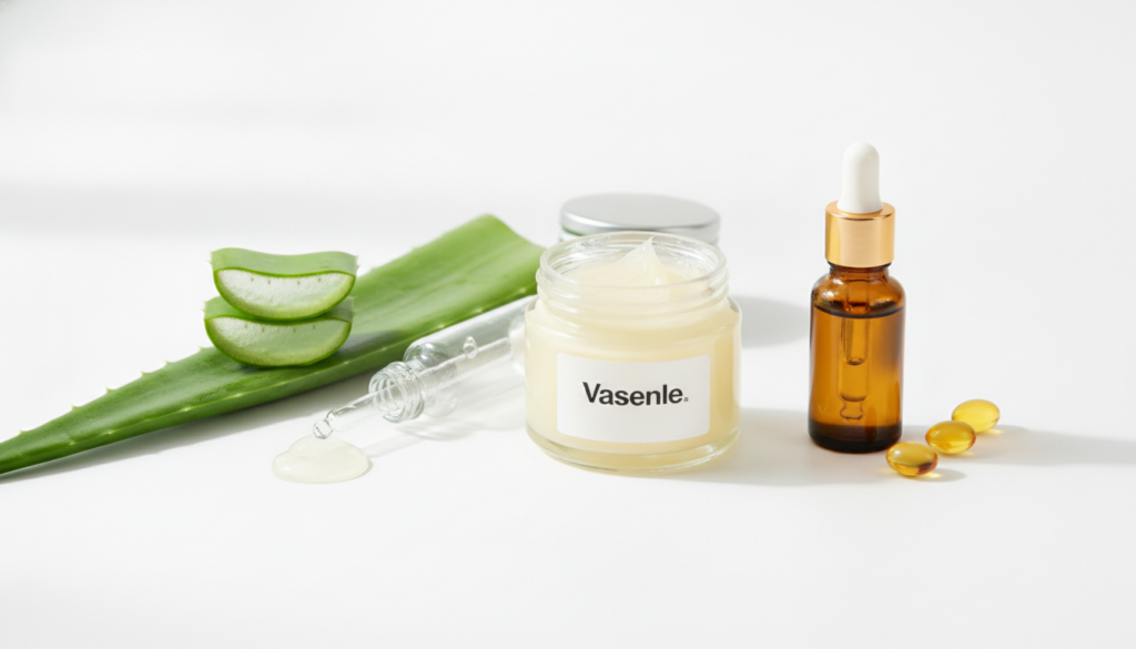 Individual ingredients laid out a jar of Vaseline a bottle or cut leaf of aloe vera gel and a small bottle of vitamin E 