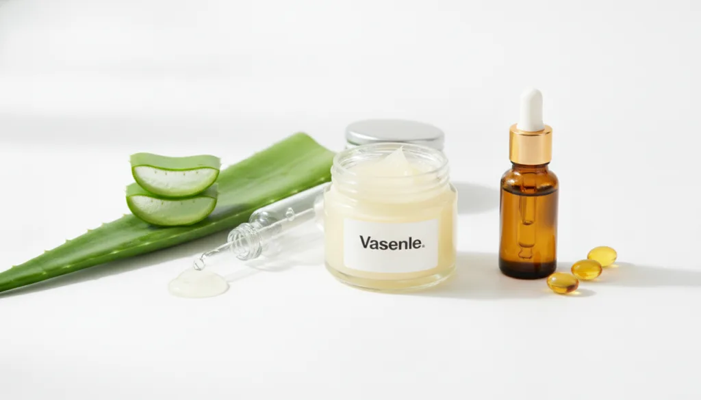 Individual ingredients laid out a jar of Vaseline a bottle or cut leaf of aloe vera gel and a small bottle of vitamin E 