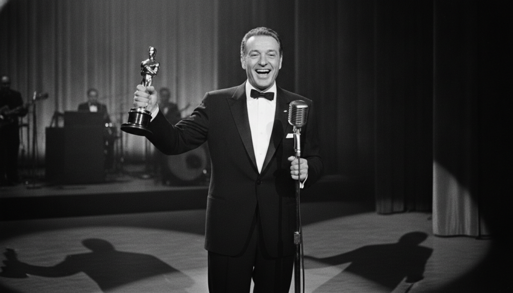 Frank Sinatra accepting an Academy Award smiling with a microphone in a black and white image