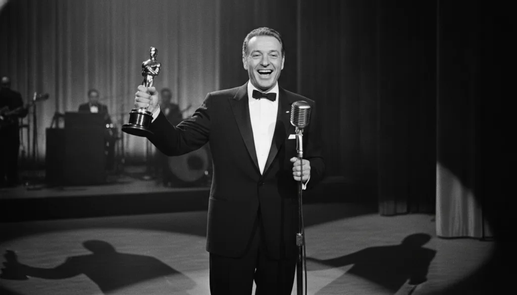 Frank Sinatra accepting an Academy Award smiling with a microphone in a black and white image