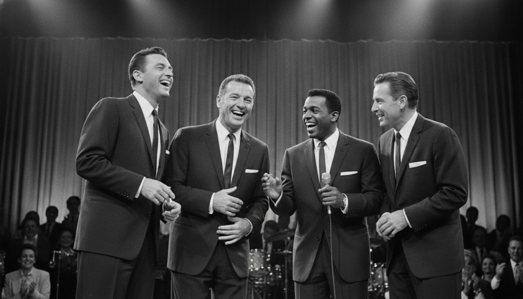 Black and white photo of the Rat Pack Frank Sinatra Dean Martin Sammy Davis Jr Peter Lawford Joey Bishop on stage in Las