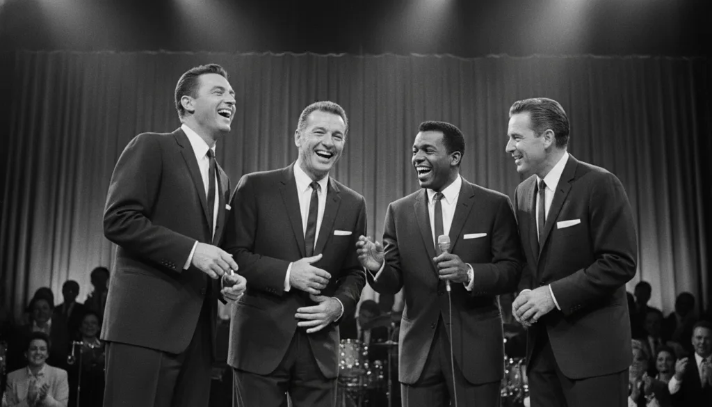Black and white photo of the Rat Pack Frank Sinatra Dean Martin Sammy Davis Jr Peter Lawford Joey Bishop on stage in Las