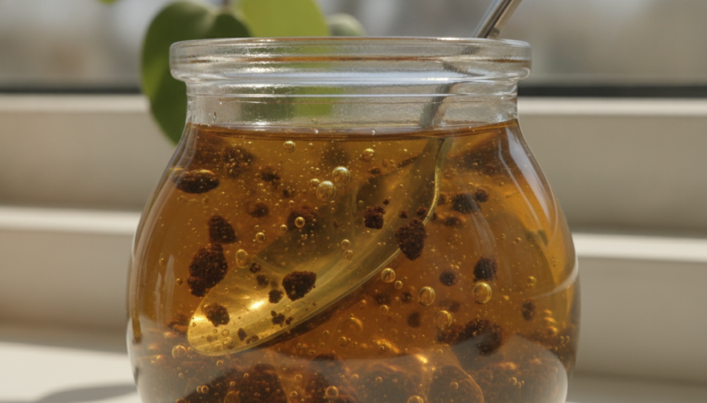 A close-up of a glass jar containing baby oil coffee granules and a green essential oil being stirred gently infusing th