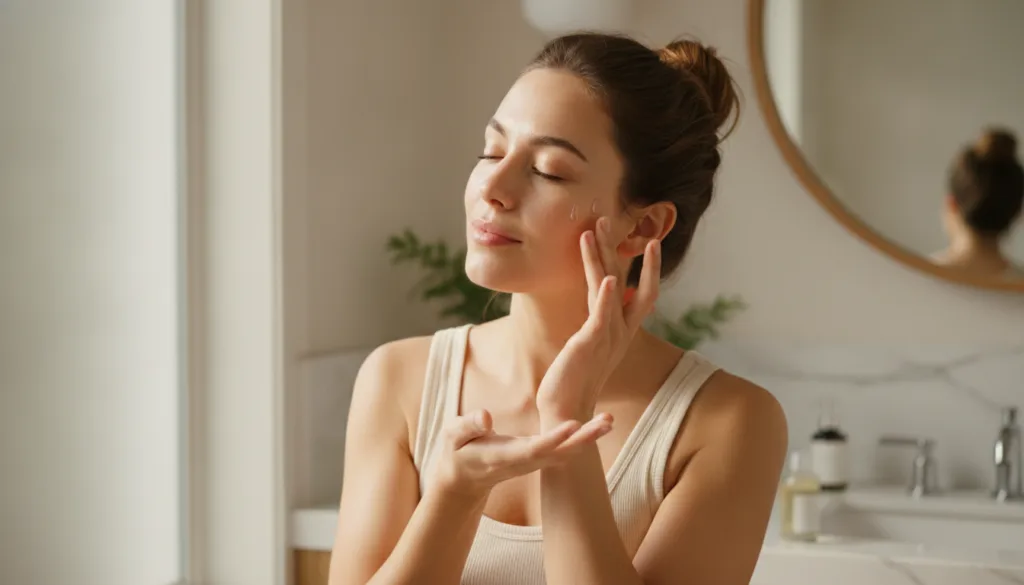 A woman gently applying a few drops of the homemade wrinkle treat oil to her face and neck with her fingertips showing a