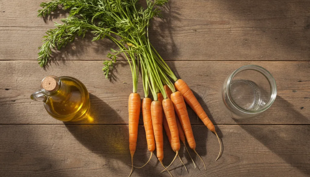 A flat lay displaying fresh whole carrots a bottle of carrier oil and a clean glass jar on a wooden surface