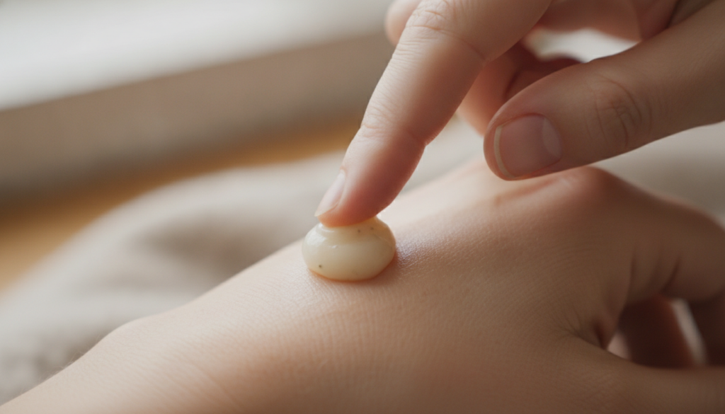 A hand gently applying a small amount of the homemade balm to dry skin on the back of another hand