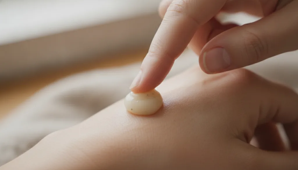 A hand gently applying a small amount of the homemade balm to dry skin on the back of another hand