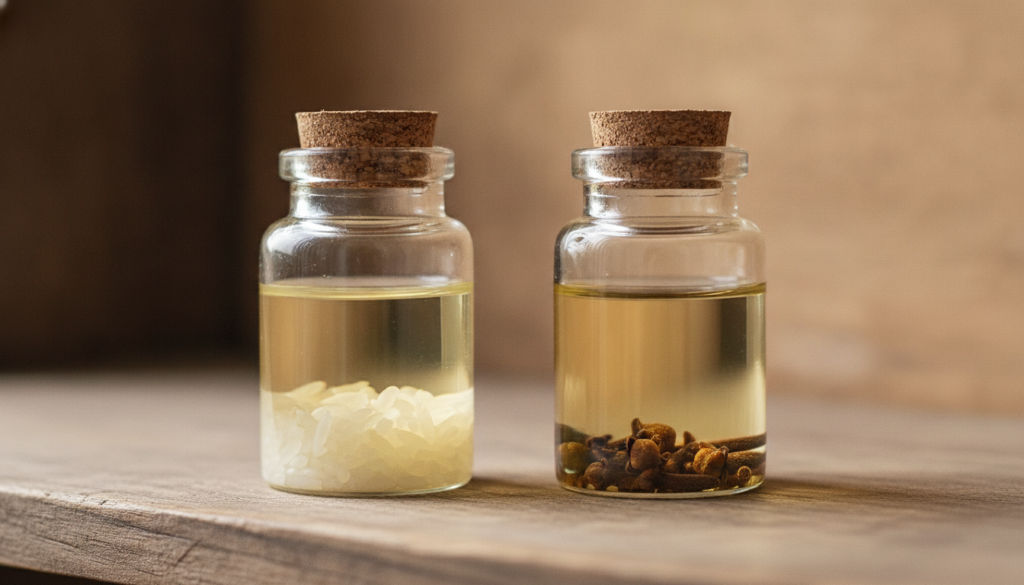 A close-up of a glass jar with baby oil and rice infusing and another with baby oil and cloves infusing side by side on 