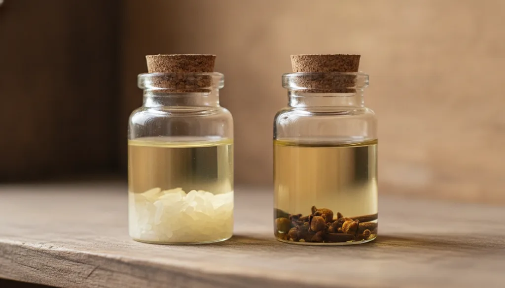 A close-up of a glass jar with baby oil and rice infusing and another with baby oil and cloves infusing side by side on 