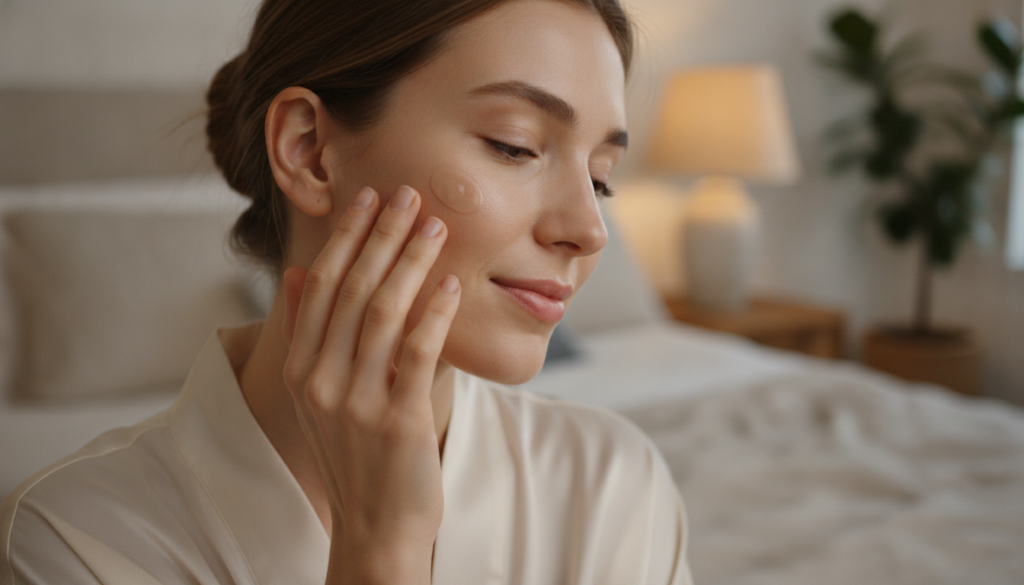 A woman gently applying a small amount of the cream to her cheek before bed