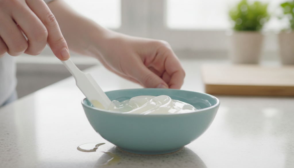 Hands mixing Vitamin E oil into Vaseline in a small bowl with a spatula