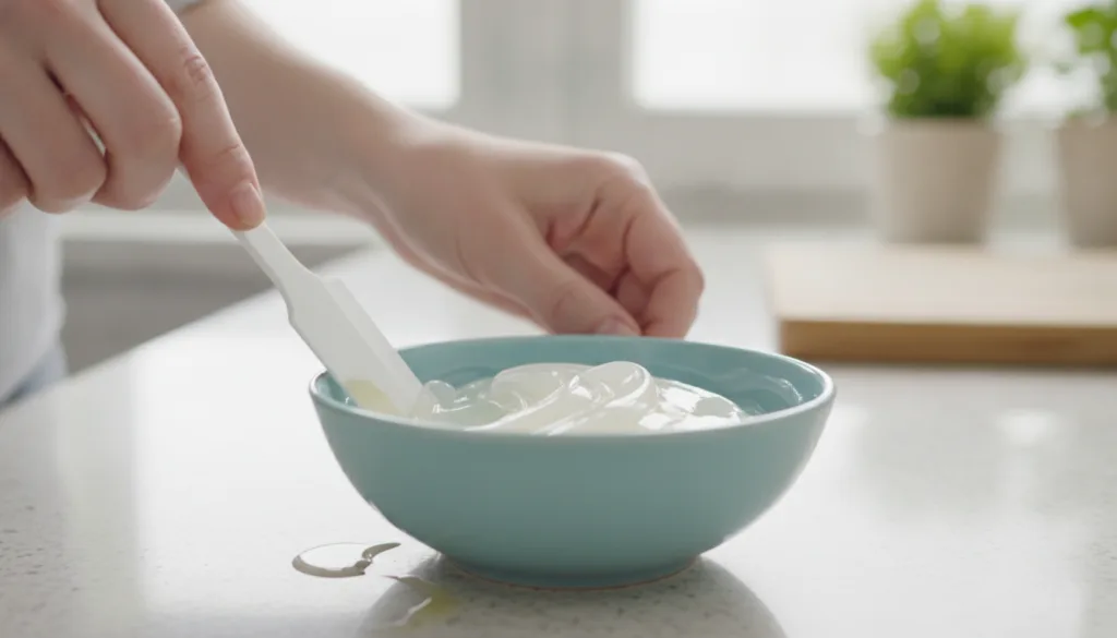Hands mixing Vitamin E oil into Vaseline in a small bowl with a spatula