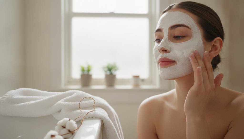 A woman gently applying a white facial mask to her cheek with a soft clean towel nearby in a bright bathroom setting