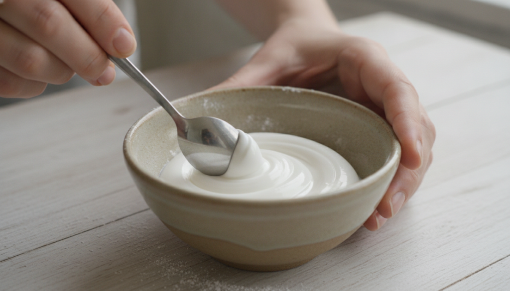 Hands mixing Vaseline and baking soda in a small ceramic bowl with a spoon creating a smooth white paste