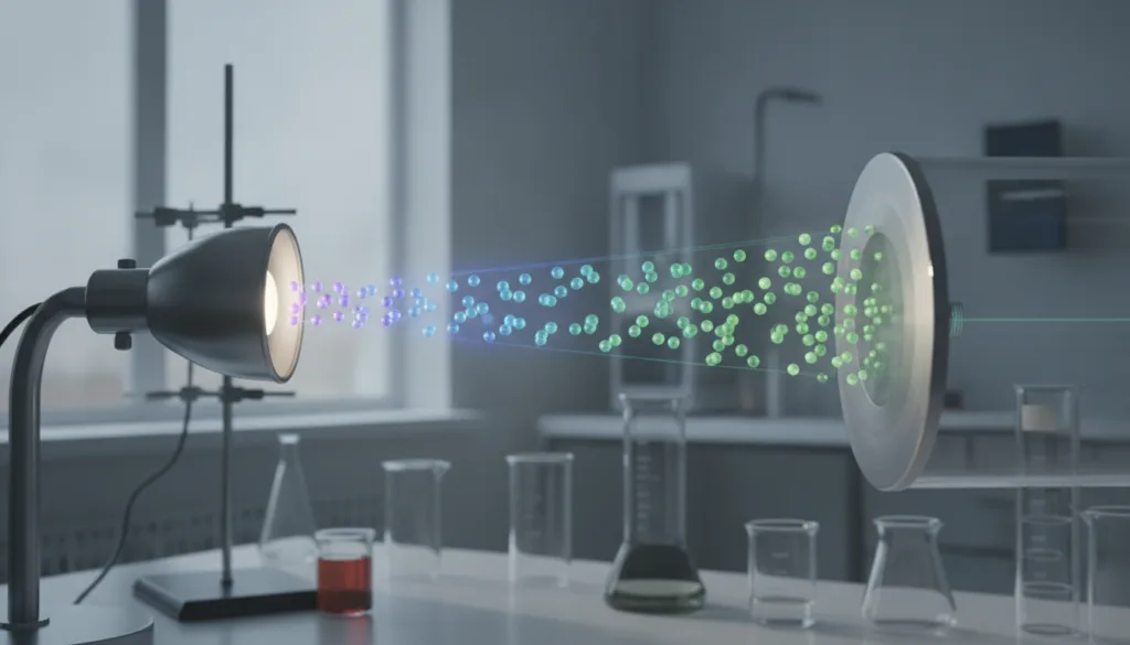 A conceptual image illustrating the photoelectric effect perhaps with light particles hitting a metal surface and electr
