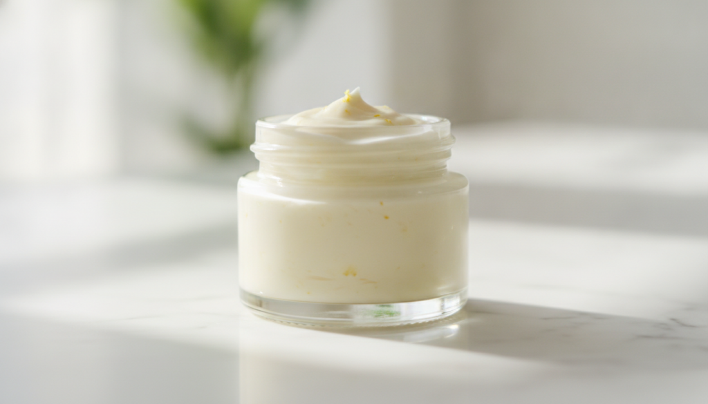 A small clear glass jar containing the freshly made Vaseline and lemon anti-aging cream with a blurred background of nat