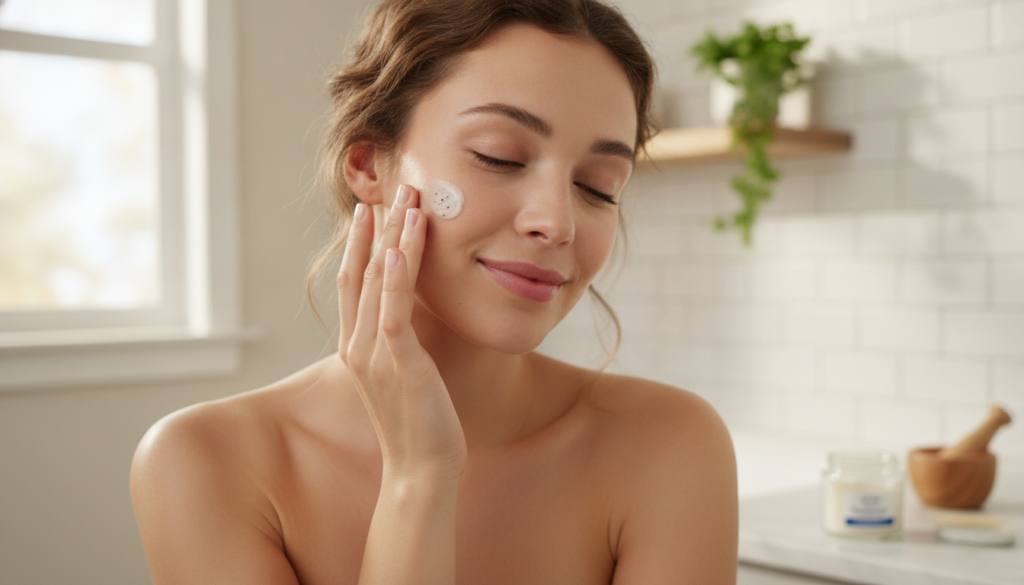 A woman gently massaging a small amount of the Clove Vaseline mixture onto her clean face demonstrating careful applicat