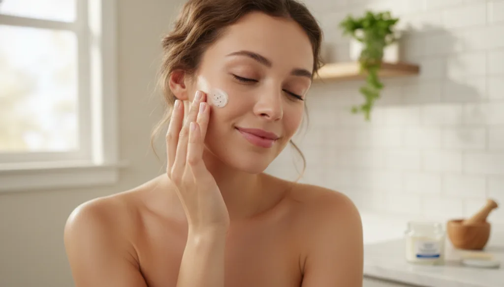 A woman gently massaging a small amount of the Clove Vaseline mixture onto her clean face demonstrating careful applicat